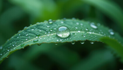 Close-up of Dew Droplet on Green Leaf