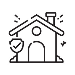 Home protection outline icon with shield, representing smart home safety systems, alarms, and secure environments.