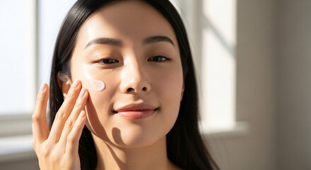 Young Asian woman applying face cream, skincare routine, natural beauty, close-up shot, soft light