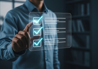 Man interacting with digital checklist on transparent screen