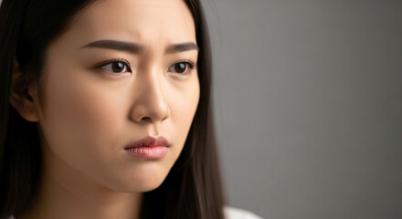 Fototapeta premium Young Asian woman with thoughtful expression, close-up portrait against a neutral gray background.