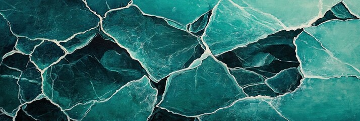 Fototapeta premium A close-up of ice cracks on the surface, creating intricate patterns and textures in shades of blue-green