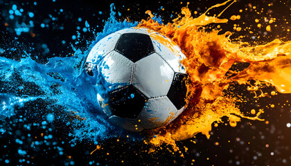 Naklejka premium Soccer ball engulfed in colorful paint explosion. Abstract art with paint splash, dynamic motion, vibrant colors.
