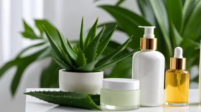 Minimalist scene showcasing various unlabeled cosmetic bottles, jar, and aloe vera plant against light background.