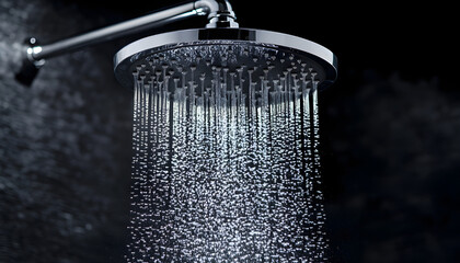 Showerhead sprays water drops close-up on black background. Water jet stream flows. Modern design bathroom. Fresh, clean. Hygiene