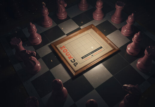 Horizontal Frame Poster Mockup on Fantasy Chess Board