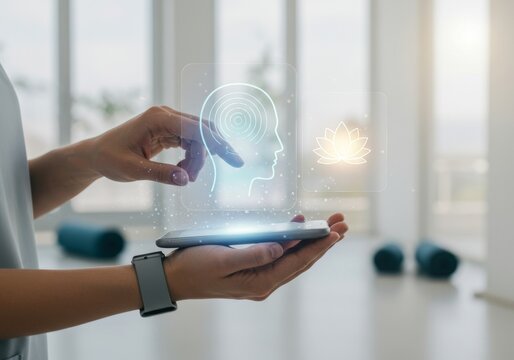 Person using smartphone for mindfulness app with head and lotus icons