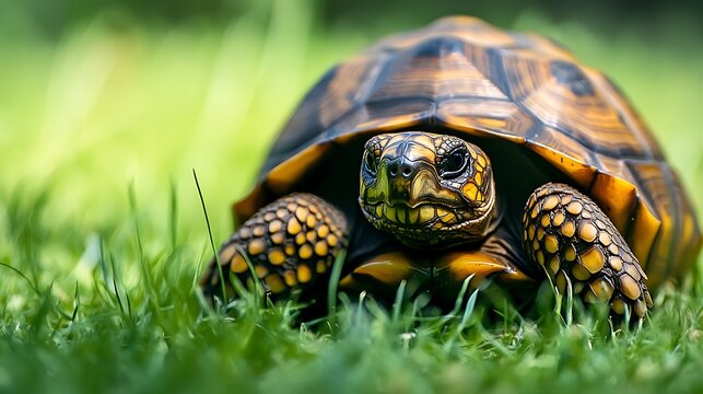A close up of a turtle in the grass with a brown and black shell and yellow spots on its face and legs