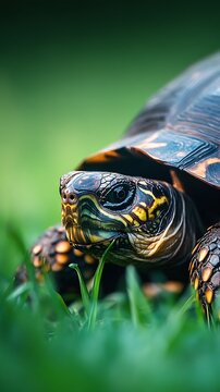 Close up of a yellow footed tortoise in green grass with detailed shell and head markings visible clearly