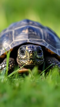 Close up of a turtle with a dark shell and yellow markings on its face in green grass outdoors