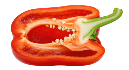 Vibrant Red Bell Pepper Half with Green Stem and Visible Seeds.