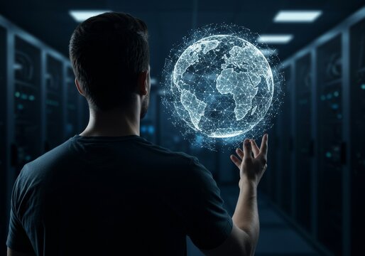 Man in server room holding digital globe hologram