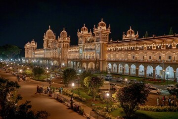 Naklejka premium The illuminated Mysore Palace glows under the night sky, a beautiful cultural landmark.