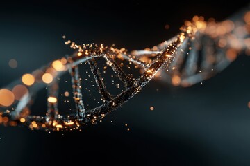 A stunning digital artwork of a DNA strand with glowing particles and a dark background.