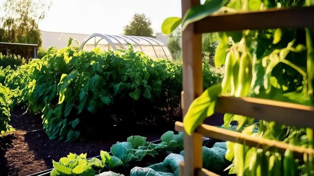 Green bean plants growing on wooden trellis in garden with bright sunshine illuminating the leaves and rows of crops