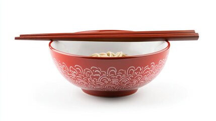 Red bowl with noodles and chopsticks on white background
