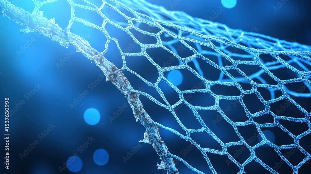 Wall mural close-up of fishing net with blue background and soft bokeh effect