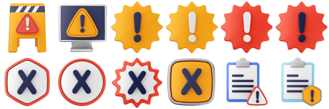 3d warning computer file danger alert caution risk important sign icon set bundle