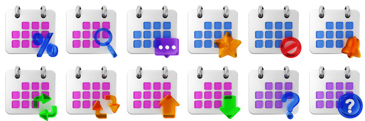 3d calendar discount chat star notification bell date event reminder plan organizer icon set bundle illustration