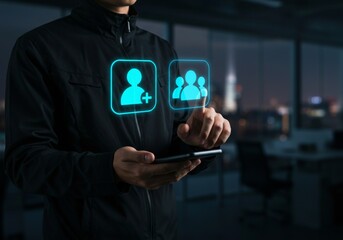 Man using smartphone with glowing people recruitment concept