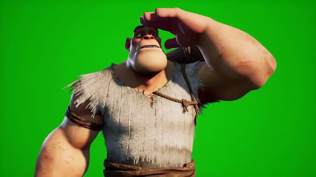 Confused or thinking giant character scratching his head on green screen.