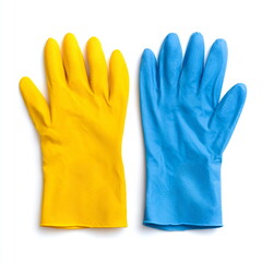 Obraz premium rubber cleaning gloves, yellow and blue pair, flat lay, isolated on white background