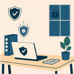 Secure Workspace with Laptop and Shield Ilustration
