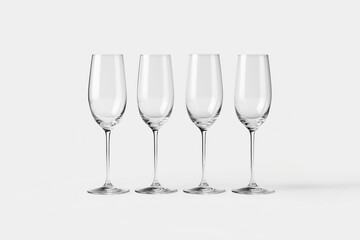 Fototapeta premium Minimalist composition of four elegant empty champagne flutes standing in a row on a clean white background