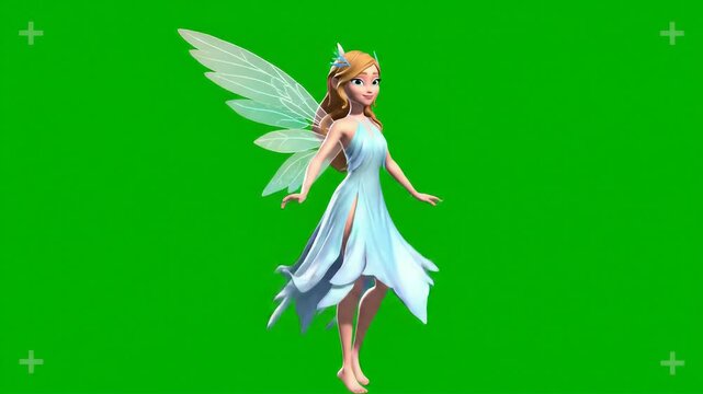 Ethereal fairy or angel character with white wings on a green screen.