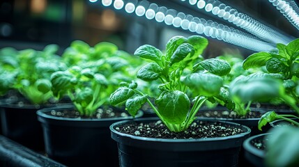 Lush green seedlings growing under LED grow lights in pots.