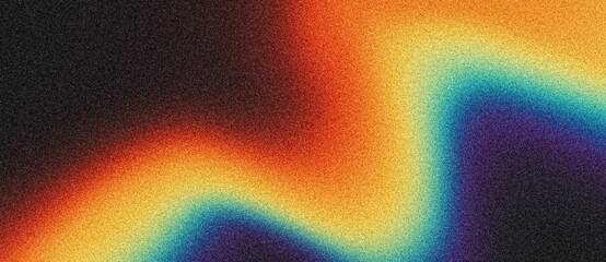 Vibrant red orange yellow blue psychedelic grainy gradient color flow wave on black background, retro music cover dance party poster design