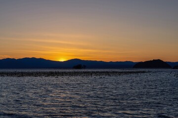 日没直後の琵琶湖の夕焼け情景