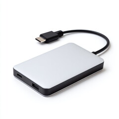 external SSD drive with USB-C cable, minimalist design, isolated on white background