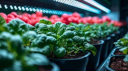 Indoor hydroponic basil and tomatoes grow under LED lights.