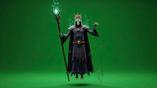 Undead lich king or dark lord character in robes on green screen.