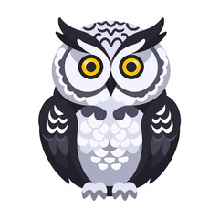 Naklejka premium Cartoon Owl Illustration-Cute Bird with Big Yellow Eyes-Adorable Wildlife Art for Kids-Owl Clipart-Educational Animal Graphic Design-Fantasy Owl Image