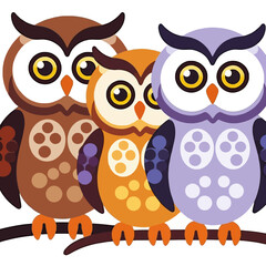 Naklejka premium Cute Cartoon Owls on a Branch-Colorful Owl Illustration-Fun and Whimsical Owl Art-Perfect for Kids-Adorable Owl Design-Playful Bird Illustration for Home Decor