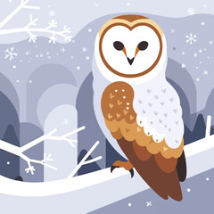 Naklejka premium Winter Barn Owl Illustration-Snowy Owl Art-Cute Owl on Branch-Holiday Card Design-Owl Lover Gift-Winter Forest Scene-Animal Illustration