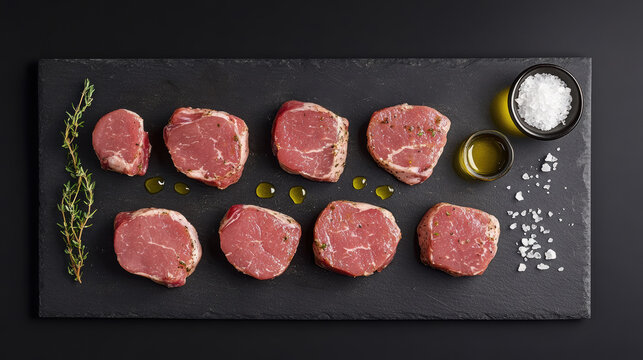 Top-down view of raw pork chops arranged on a slate cutting board, styled with salt flakes, fresh thyme, and olive oil drops