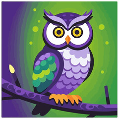 Fototapeta premium Colorful Cartoon Owl Perched on Branch-Whimsical Owl Illustration with Bright Eyes-Cute Purple and Green Owl Design for Kids and Art Lovers-Owl Art Print