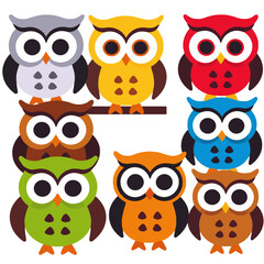 Fototapeta premium Colorful Cartoon Owls Illustration-Cute Owls in Different Colors-Whimsical Owl Graphic for Kids-Fun and Playful Owl Design-Owl Art for Crafts and Education