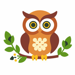 Fototapeta premium Cute Cartoon Owl Clipart-Sitting on Branch with Flowers-Vector Illustration for Kids Crafts-Adorable Owl Graphic for Nursery Decor-Educational Wildlife Art Project