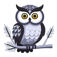 Fototapeta premium Cute Cartoon Owl Illustration - Whimsical Owl on Branch - Owl with Big Eyes - Nature Inspired Art- Charming Bird Graphic-Ideal for Children's Designs