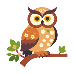 Fototapeta premium Cute Cartoon Owl Illustration- Whimsical Owl on a Branch with Flowers- Perfect for Children's Decor- Printable Owl Art- Colorful and Playful Design- Owl Vector Graphic