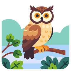 Obraz premium Cute Cartoon Owl Illustration- Whimsical Bird Art for Kids- Owl Perched on Branch- Nature Inspired Vector Graphic- Educational Owl Image for Learning