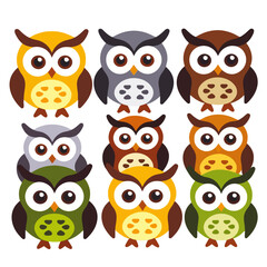 Cute Colorful Owls Illustration- Whimsical Owl Design for Kids- Adorable Bird Characters- Perfect for Nursery Decor- Owl Art for Children- Cartoon Owls Collection