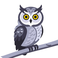 Fototapeta premium Cute Gray Owl Illustration-Vector Image of a Perched Owl-Adorable Cartoon Owl with Yellow Eyes-Wildlife Bird Drawing-Owl Clipart for Educational Purposes