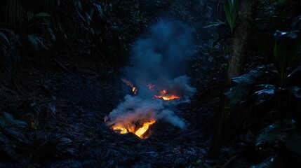 Volcanic Eruption with Smoke and Flame in Dense Tropical Forest