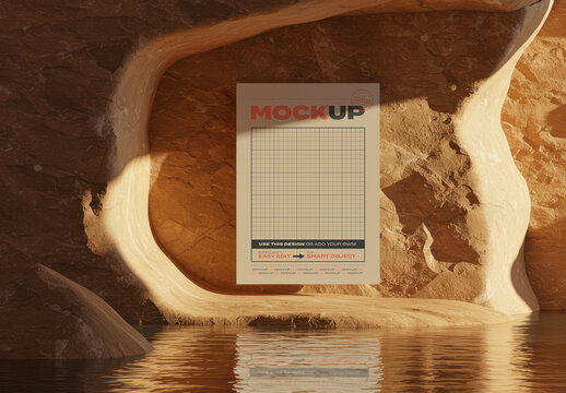 Poster Mockup Floating in Cave Natural Stone with Water