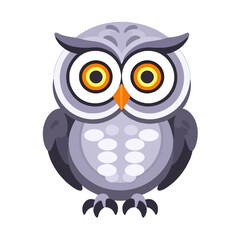 Obraz premium Cute Owl Cartoon Illustration- Grey Owl with Big Eyes and Orange Beak- Vector Graphic of Cartoon Owl on White Background- Ideal for Design Projects